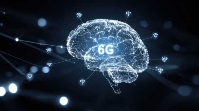 A futuristic digital brain representing advanced technology like 6G, interconnected with glowing nodes. - Powered by Adobe