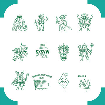 Diverse line art illustrations set featuring characters symbols and text.