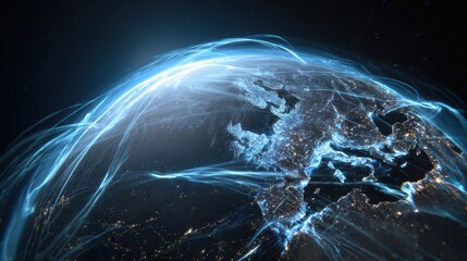 A stunning view of Earth illuminated with interconnected lights and data streams, representing global connectivity.