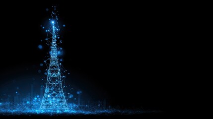 A stunning digital representation of a sparkling tower illuminated in blue against a dark background.