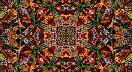 A vibrant, intricate design features a kaleidoscopic pattern of geometric shapes and colors.  The symmetrical pattern creates a mesmerizing effect, showcasing a complex interplay of hues.