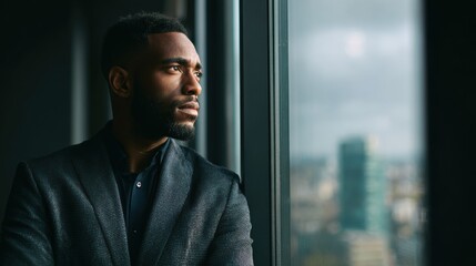 Fototapeta premium A thoughtful young man gazing out of a large window, contemplating future goals and aspirations in a modern office.
