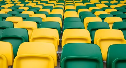 Fototapeta premium Rows of vibrant yellow and green stadium seats create a striking pattern.