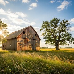 Obraz premium A rustic wooden barn stands tall in a golden field bathed in warm sunlight, casting long shadows.