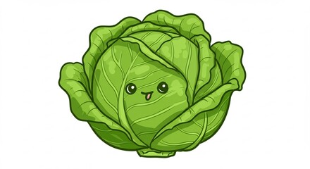 可愛いキャベツ元気いっぱい笑顔 鮮やか緑色 健康野菜イラスト. AI Generated