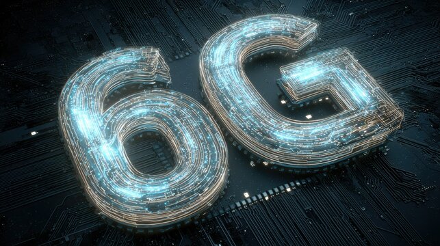 Futuristic 6G concept with glowing elements on a digital background, representing advanced connectivity and innovation. - Powered by Adobe