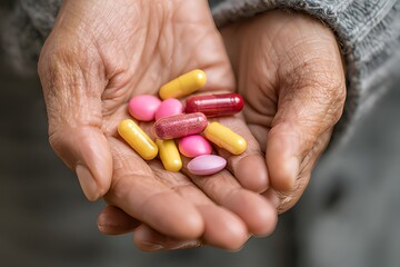 Close-up of elderly hands holding colorful red and yellow capsules with glass of water for daily medication