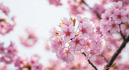 舞い散る桜 花びら雪景色 春の柔らかな光に包まれ 美しく輝く. AI Generated