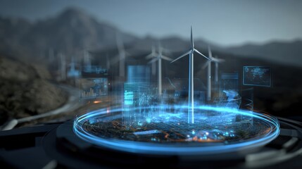 Futuristic wind turbine technology showcasing renewable energy with digital overlays and data analysis.