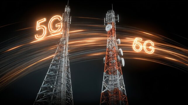 Futuristic telecom towers showcasing 5G and 6G technology against a dark backdrop, symbolizing advanced connectivity.