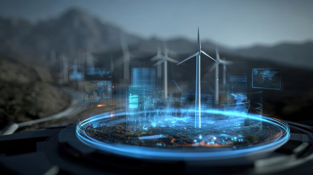 Futuristic wind turbine technology showcasing renewable energy with digital overlays and data analysis.