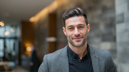 Smiling business professional in a modern office space, exuding confidence and approachability.