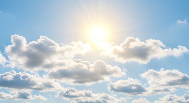 輝く太陽と白い雲 快晴の空 青い空 穏やか自然. AI Generated