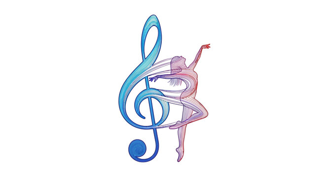 A vibrant illustration of a dancer posing in a colorful treble clef symbol on International music Day with a lively and artistic mood.