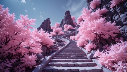 Winding Stone Staircase Through Pink Trees in a Surreal Mountain Landscape