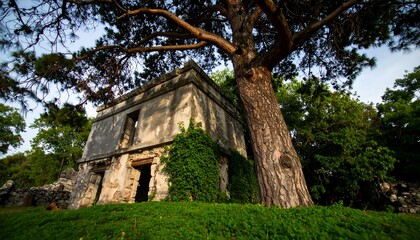 Overgrown stone structure, partially ruined, nestled beside a large tree, in a verdant setting
