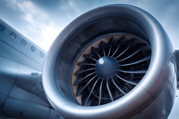 Close-up view of modern aircraft jet engine turbine at airport with visible fan blades and landing gear