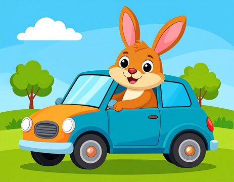 Cartoon rabbit driving a car in a park