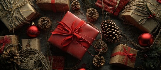 Christmas gifts, red and rustic wrapping, with pine cones and ornaments