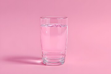 Clear glass of fresh water on pink background with soft lighting and minimalistic composition