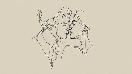 Obraz premium Minimalist line art depicting a couple sharing a tender kiss, their faces close, rendered in a single continuous black line against a muted beige background. The style is elegant and romantic