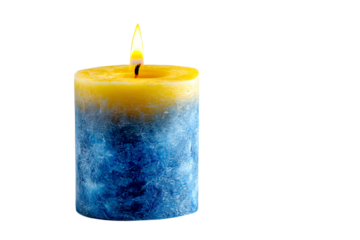 a blue candle with a yellow flame on a white background