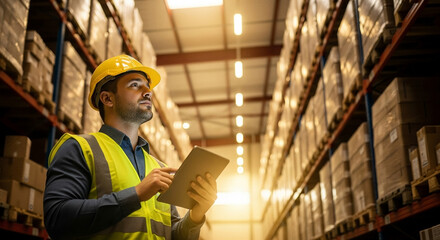 A warehouse manager is conducting an inventory check. Wearing a yellow hard hat and reflective vest, the warehouse manager holds a tablet computer and intently examines the goods on the shelves