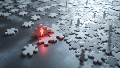 Illuminated Person on Puzzle Piece, Connecting for a Solution
