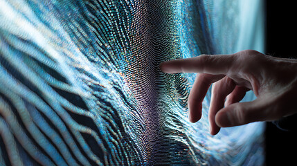 A person's fingertip touches a large, interactive fabric screen in a concept store installation.