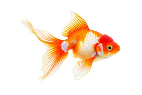 Orange and White Oranda Goldfish Stock Photo: Fancy Pet Fish with Flowing Tail Fins Isolated on White Background, PNG for Aquarium or Pet Store Use