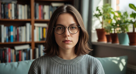 A young woman wearing glasses sits before a bookshelf, dressed in a gray sweater, her expression serene, with green plants in the background