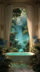 Serene Waterfall Bathtub Oasis - A Tranquil Escape into Natures Embrace.