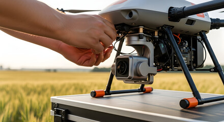 Naklejka premium Hands Installing A Camera System On A Drone In A Golden Wheat Field During Sunset, Showcasing Agricultural Technology Innovation