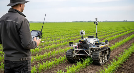 Obraz premium Autonomous Agricultural Robot Operating Efficiently in a Green Field, Controlled by an Operator for Precision Farming and Crop Monitoring