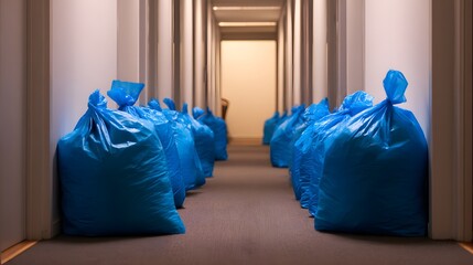 Blue garbage bags lined up in apartment hallway.