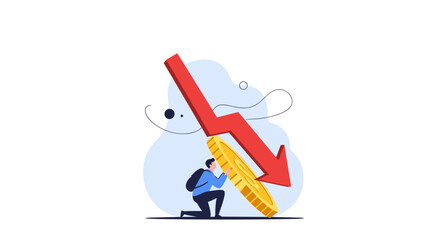 Financial decline illustrated with a falling arrow crushing a coin and a person struggling underneath conceptual economic downturn and financial crisis represented visually