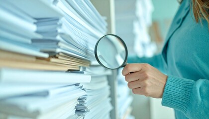 Businesswoman conducts a detailed financial audit, examining stacks of documents with a magnifying glass AIzaSyClPJ0XRC-nu8GkvNTzMe5e9SBIdu4I2DE