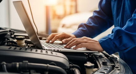 Automotive technicians use laptops to diagnose vehicles