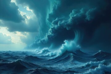 A swirling mass of dark, ominous clouds forming a powerful cyclone, a dramatic weather phenomenon over the ocean The intense vortex is visible with heavy rain and wind , rain, vortex