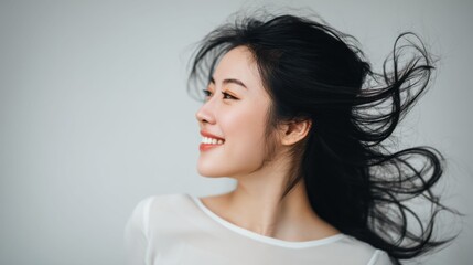 Fototapeta premium Glowing skin and a natural smile under gentle lighting reflect emotional authenticity and the fresh faced purity of high end beauty.