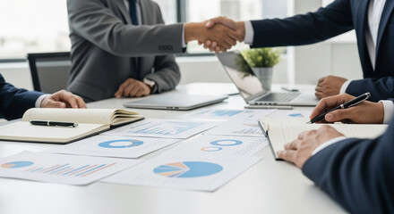 Business Collaboration and Data Analysis. Charts and notebooks are laid out on the conference table, while two people shake hands in the background, conveying an atmosphere of cooperation