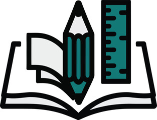 Open book with pencil and ruler, a simple illustration of education tools. This colorful line art graphic depicts an open book with a pencil and ruler resting on top.