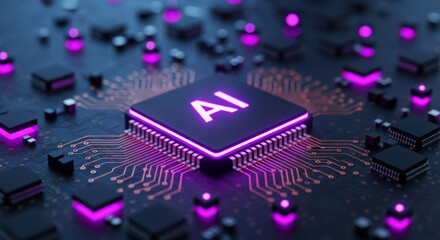 Close-up of an AI chip on a circuit board, featuring a chip labeled “AI” surrounded by glowing circuits and components