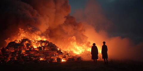 Books consumed by flames as crowd watches in despair amidst hatred and ignorance