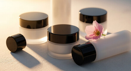 Exquisite skincare bottles and jars paired with pink blossoms create an atmosphere of elegance and natural beauty