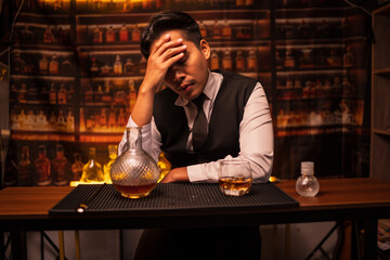 Business man bartender pours whiskey into a glass, sitting sadly in a restaurant.