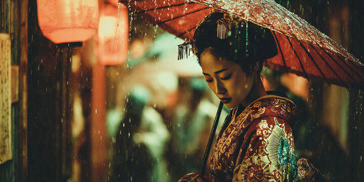 Geisha walks in the rain under a traditional umbrella in a bustling Japanese street