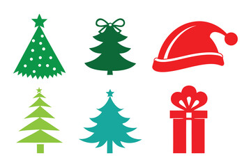 Colorful Flat Christmas Icons Featuring Trees and Santa Hat
