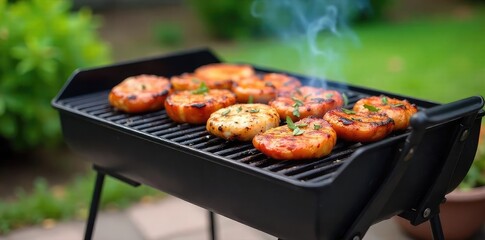 A sturdy grilling frame, ideal for backyard barbecues, rests on a patio, ready for food Perfect for outdoor cooking and entertaining Enjoy delicious grilled meals!, stable frame, food preparation