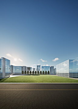 3D rendering of empty green field or vacant land within city surrounded by modern high-rise office buildings, blue sky and street. Represents land for sale, city development, real estate and property.